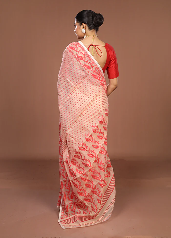 Cream Jamdani Cotton Saree Without Blouse Piece - Image 3