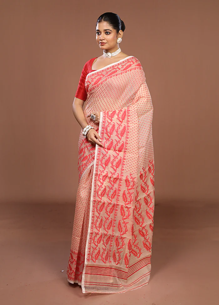 Cream Jamdani Cotton Saree Without Blouse Piece - Image 4