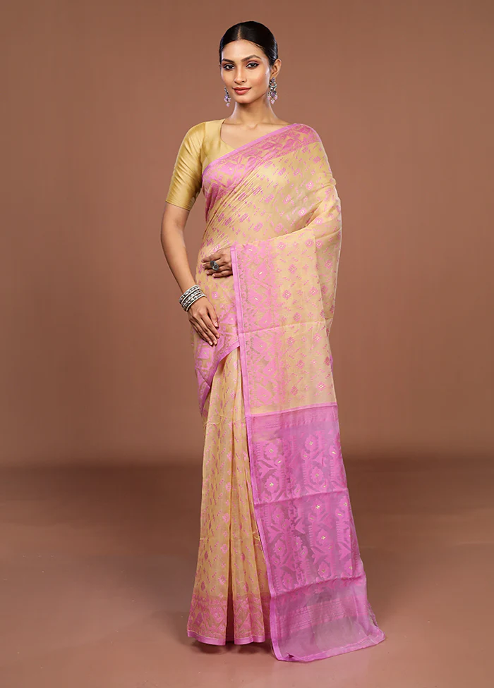 Cream Jamdani Cotton Saree Without Blouse Piece - Image 2