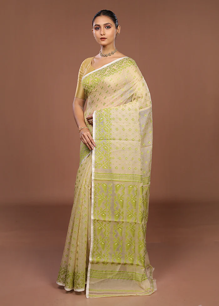 Cream Jamdani Cotton Saree Without Blouse Piece - Image 4