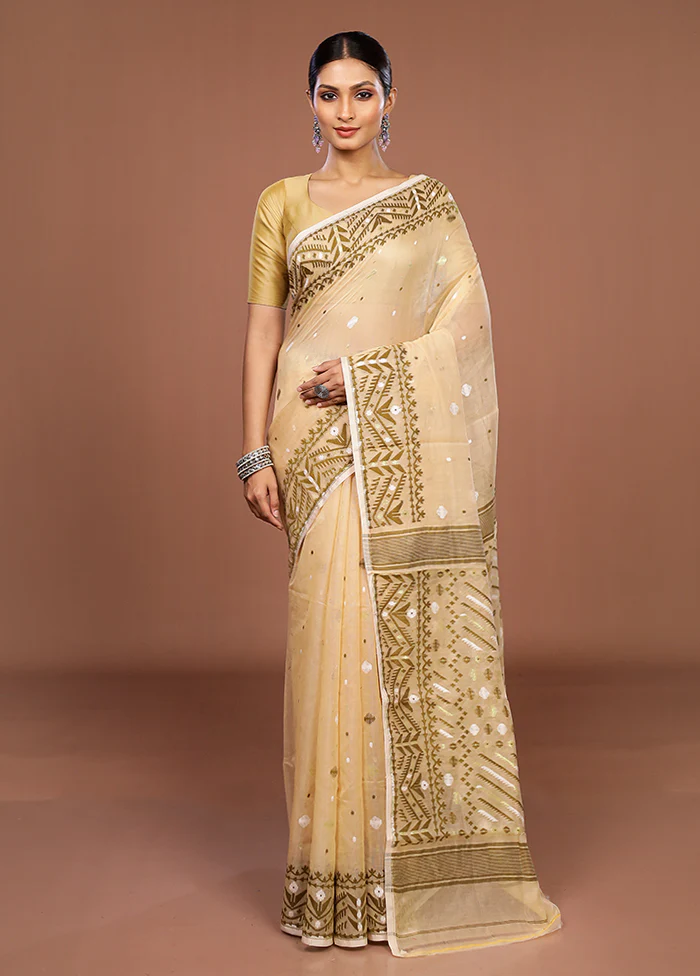 Cream Jamdani Cotton Saree Without Blouse Piece - Image 2