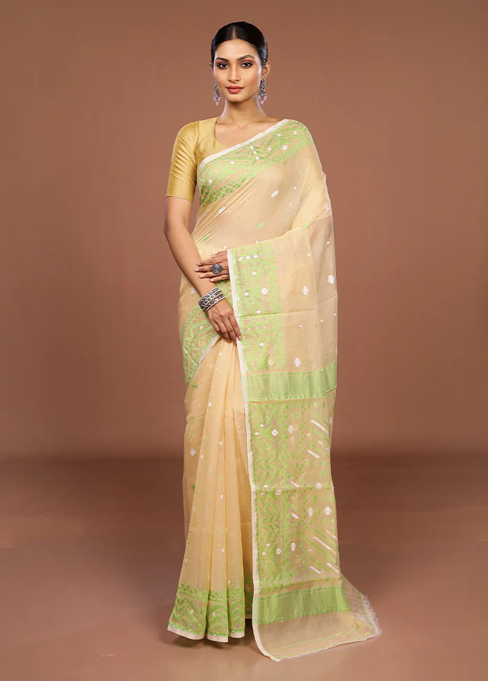 Yellow Jamdani Cotton Saree Without Blouse Piece - Image 2