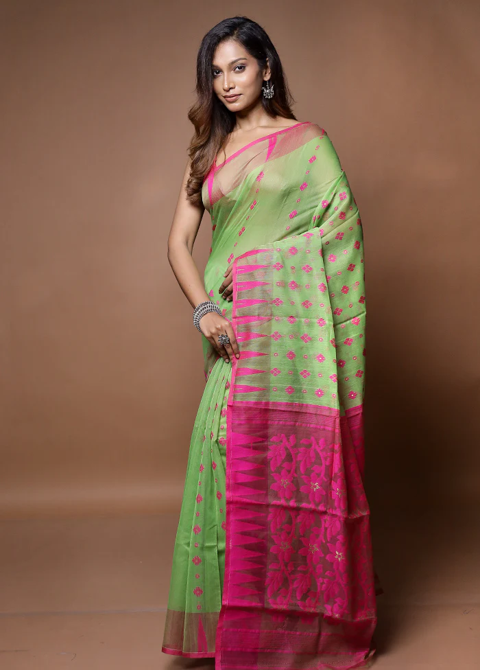 Cream Tant Jamdani Saree Without Blouse Piece - Image 4