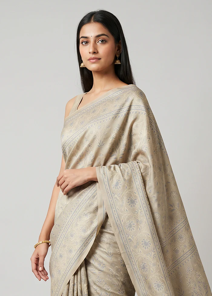 Cream Jamewar Silk Saree With Blouse Piece - Image 2