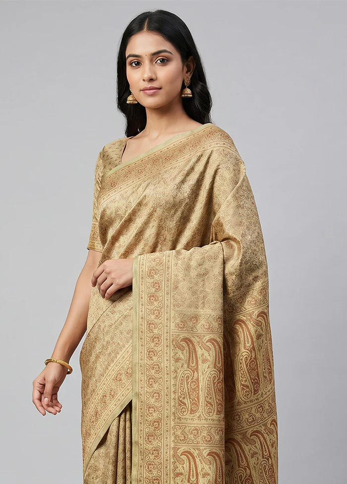 Cream Jamewar Silk Saree With Blouse Piece - Image 2