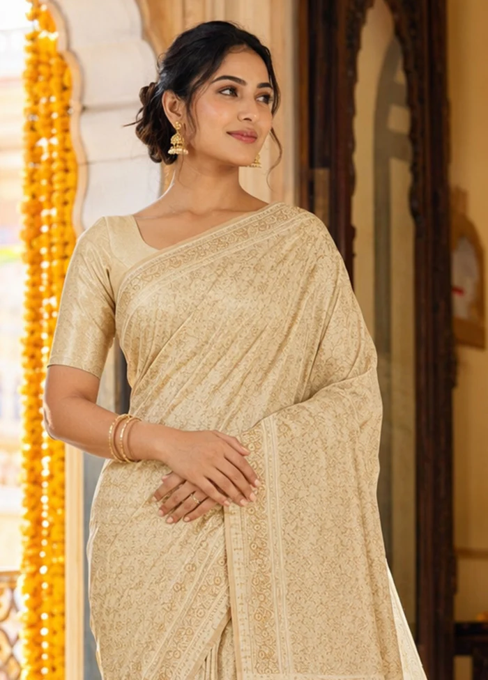 Cream Jamewar Silk Saree With Blouse Piece - Image 2