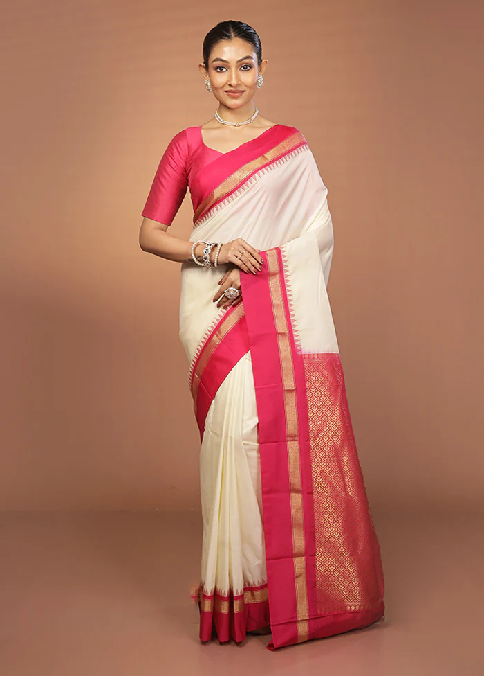 Cream Kanjivaram Silk Saree With Blouse Piece - Image 2