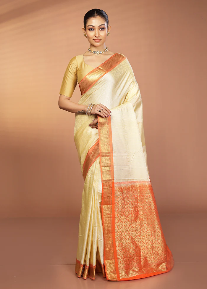 Cream Kanjivaram Silk Saree With Blouse Piece - Image 2