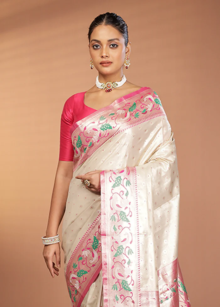 Cream Kanjivaram Silk Saree With Blouse Piece