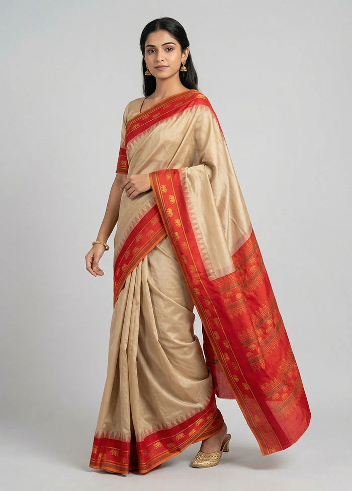 Cream Kanjivaram Silk Saree With Blouse Piece