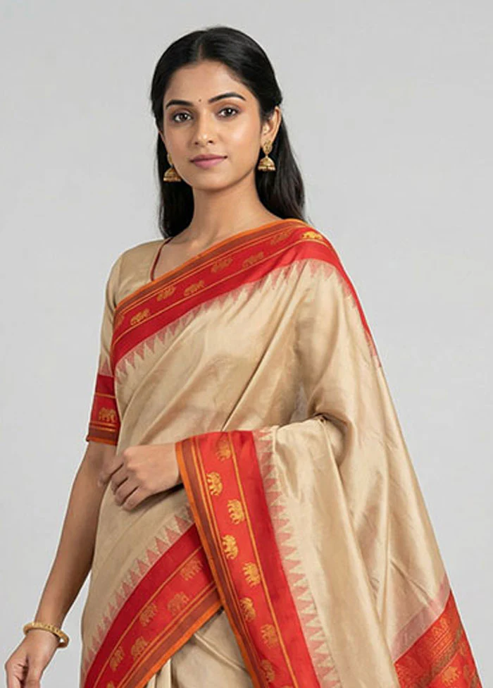 Cream Kanjivaram Silk Saree With Blouse Piece - Image 2