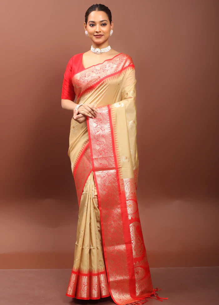 Cream Kanjivaram Silk Saree With Blouse Piece
