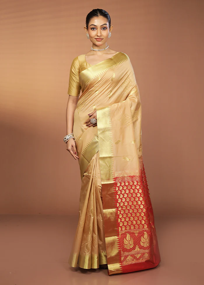 Cream Kanjivaram Silk Saree With Blouse Piece - Image 2