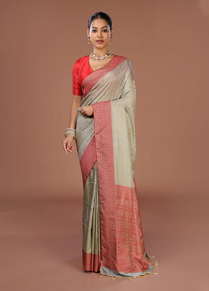 Cream Kanjivaram Silk Saree With Blouse Piece - Image 2