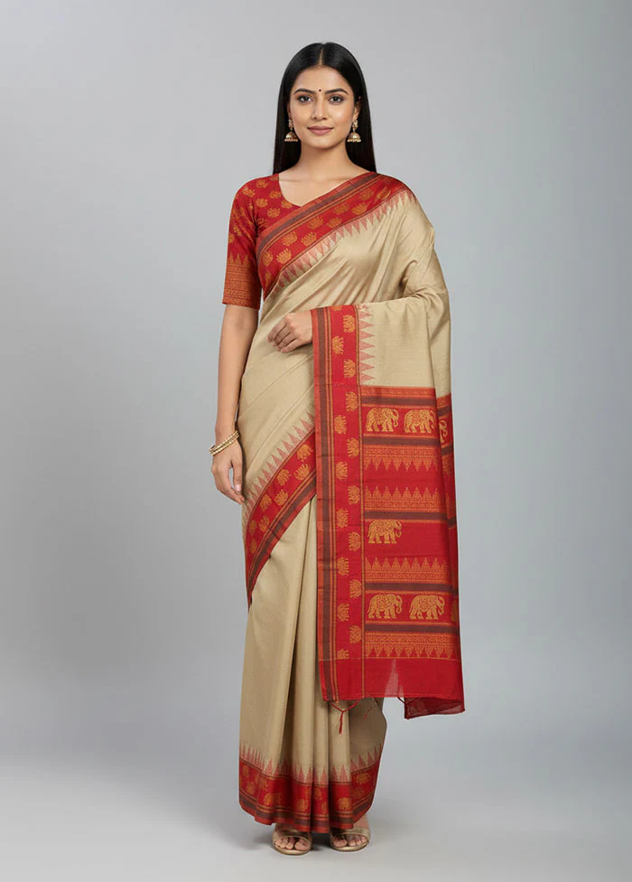 Cream Kanjivaram Silk Saree With Blouse Piece