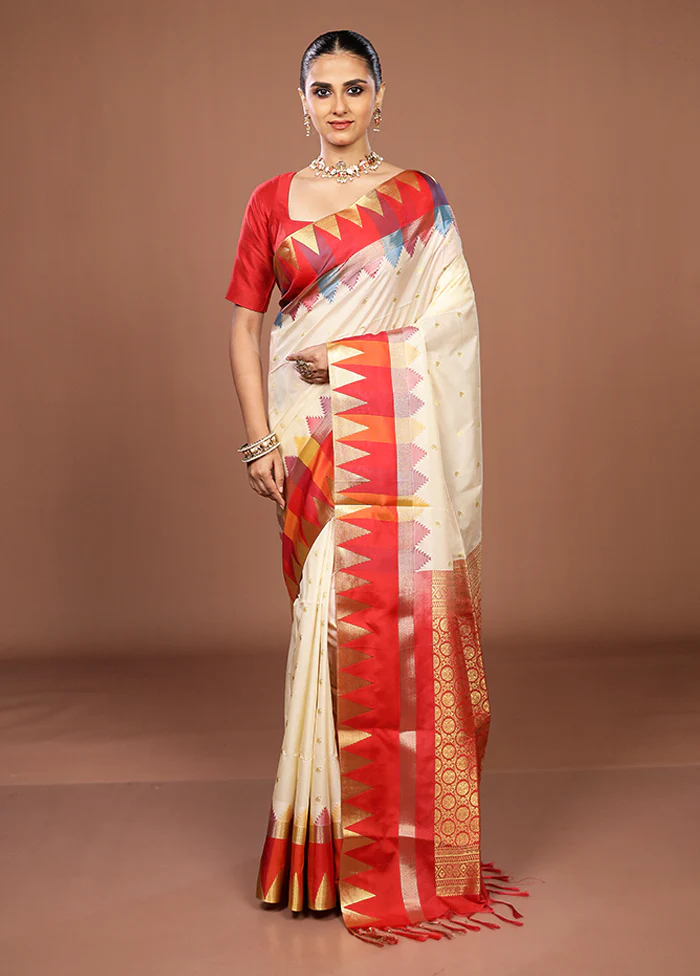 Cream Kanjivaram Silk Saree With Blouse Piece - Image 2