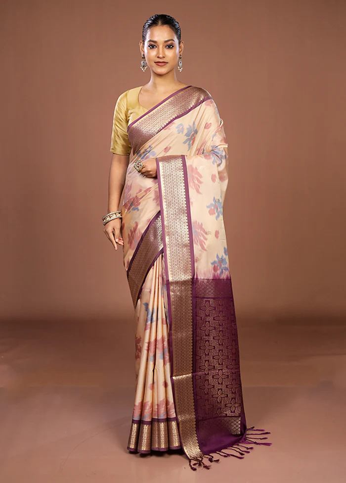 Cream Kanjivaram Silk Saree With Blouse Piece - Image 2