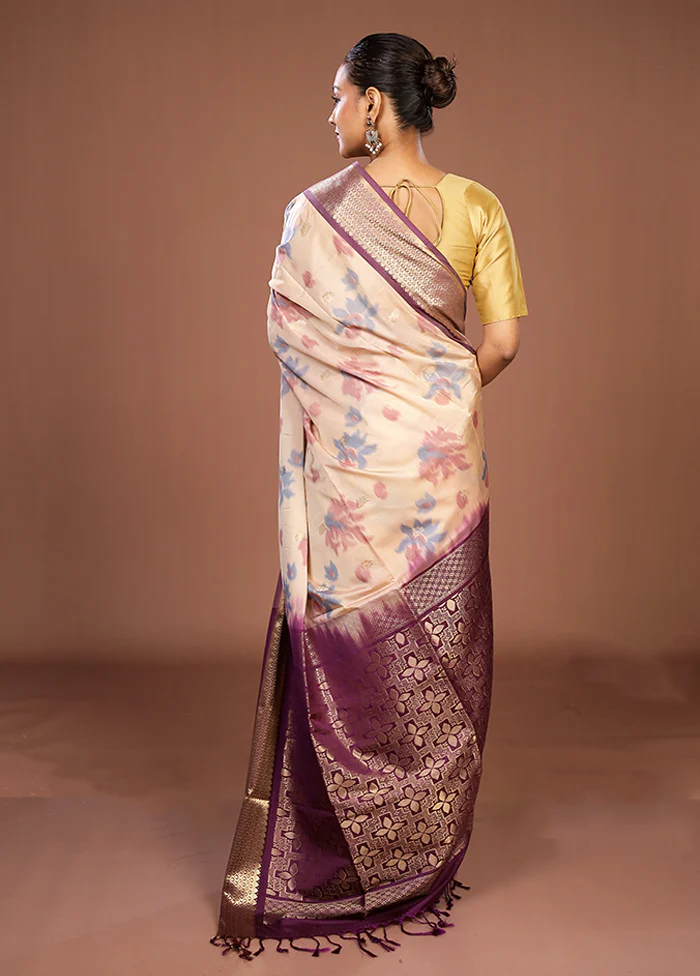Cream Kanjivaram Silk Saree With Blouse Piece - Image 3