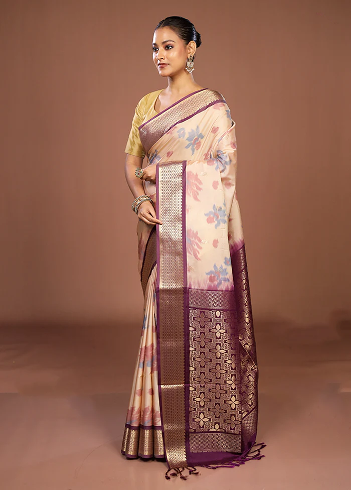 Cream Kanjivaram Silk Saree With Blouse Piece - Image 4