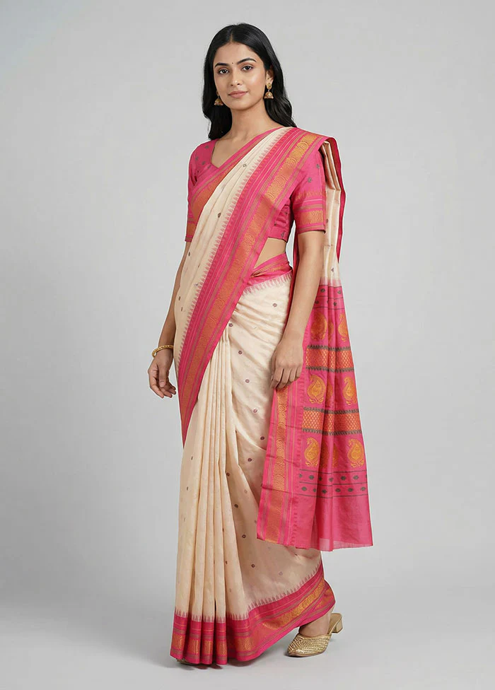 Cream Kanjivaram Silk Saree With Blouse Piece
