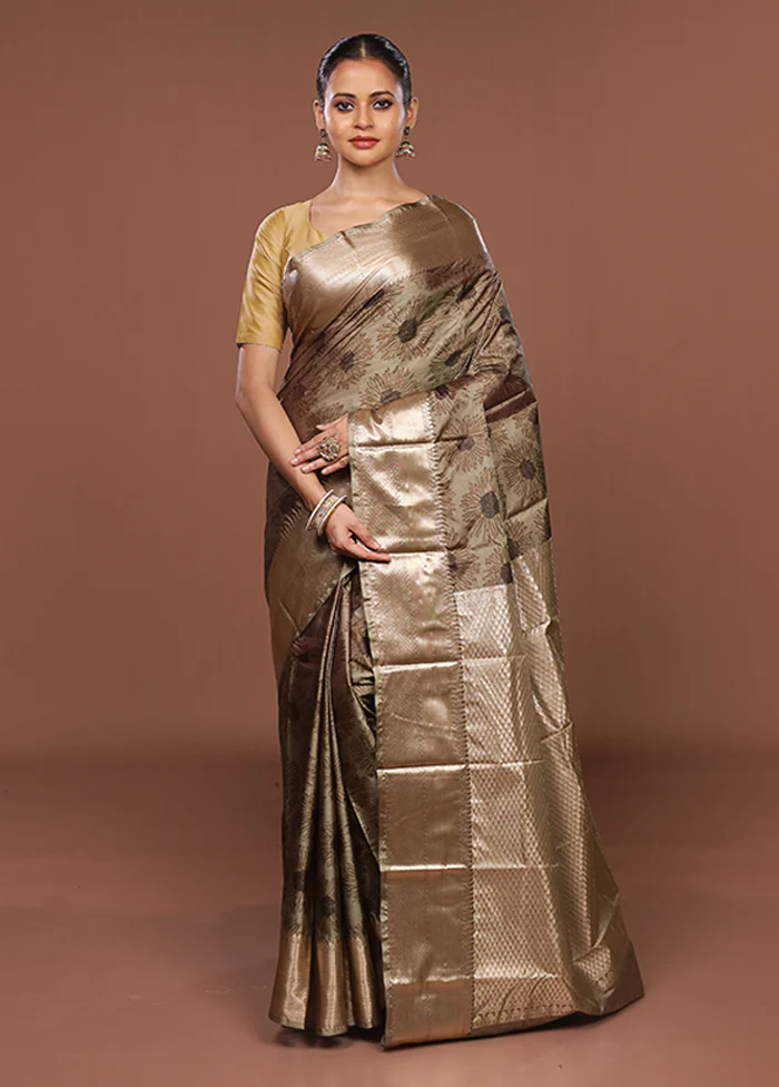 Cream Kanjivaram Silk Saree With Blouse Piece - Image 2