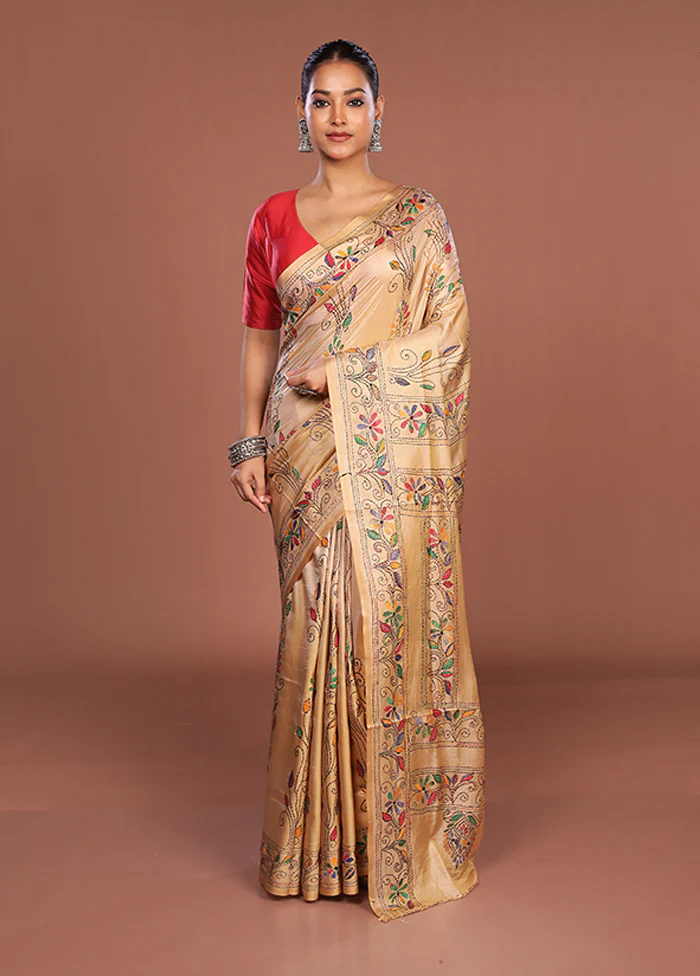 Cream Kantha Stitch Silk Saree With Blouse Piece - Image 2