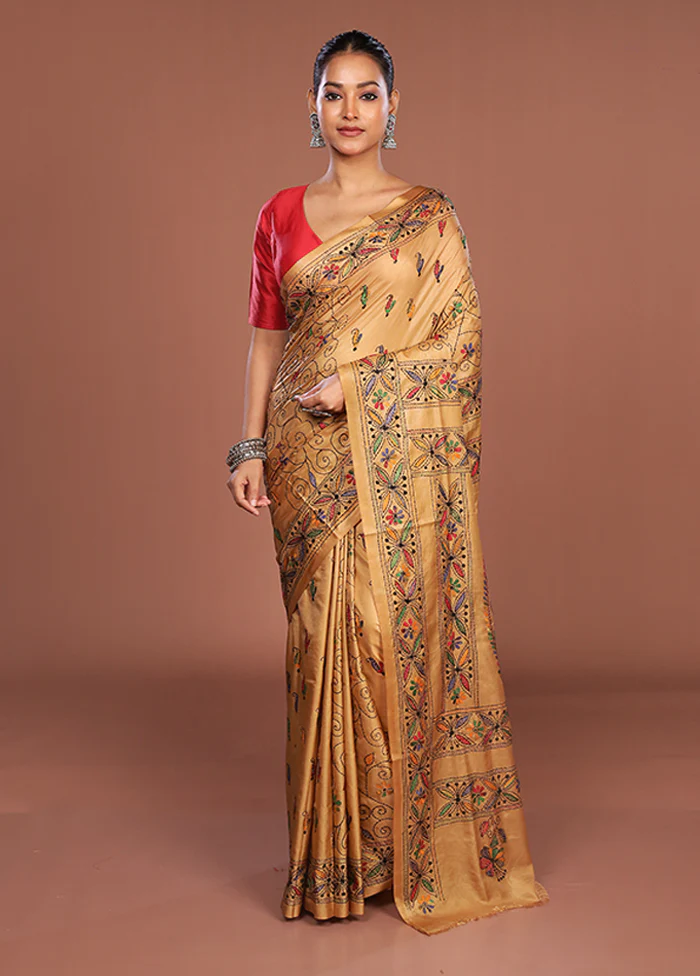 Cream Kantha Stitch Silk Saree With Blouse Piece - Image 2