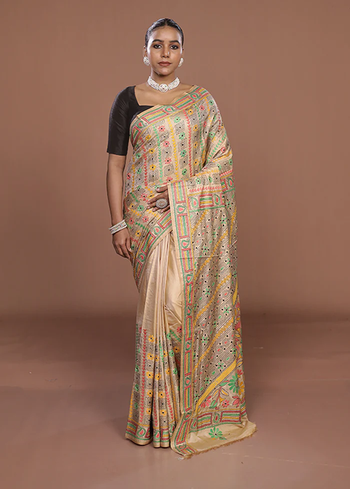 Cream Kantha Stitch Silk Saree With Blouse Piece - Image 2