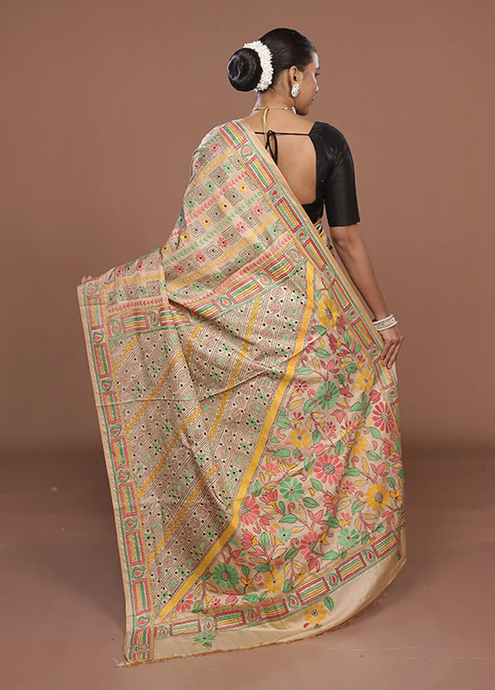 Cream Kantha Stitch Silk Saree With Blouse Piece - Image 3