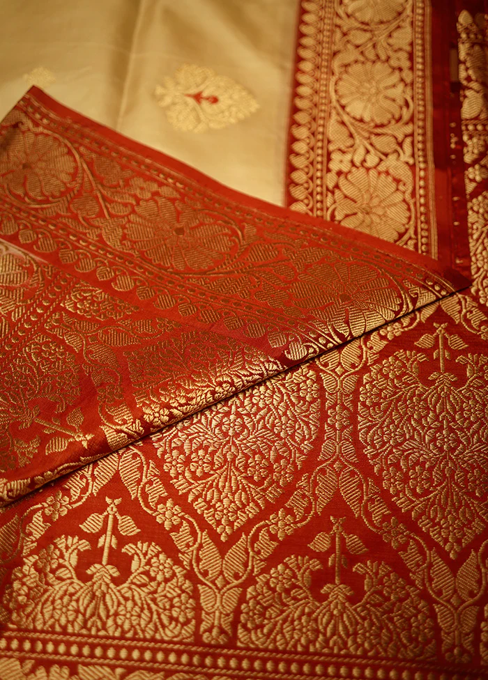 Cream Katan Pure Silk Saree With Blouse Piece - Image 2