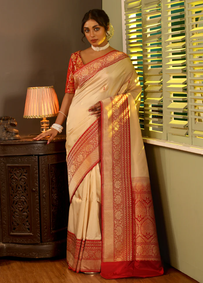 Cream Katan Pure Silk Saree With Blouse Piece - Image 3