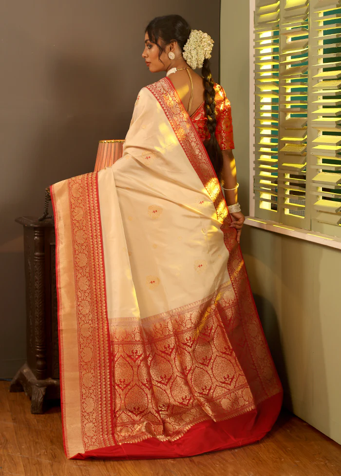 Cream Katan Pure Silk Saree With Blouse Piece - Image 4