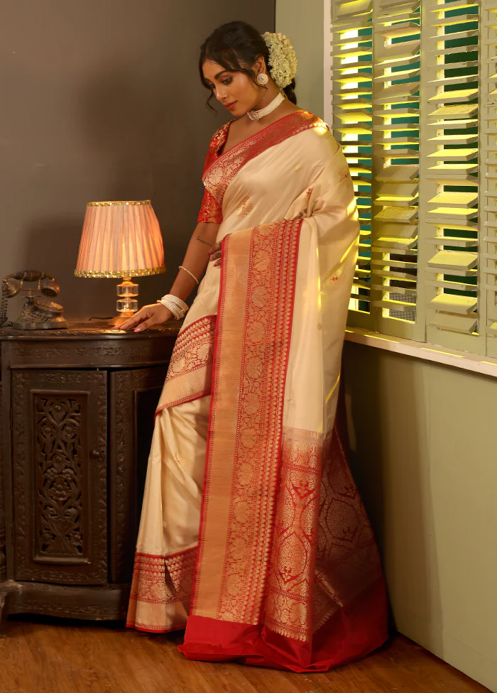 Cream Katan Pure Silk Saree With Blouse Piece - Image 5