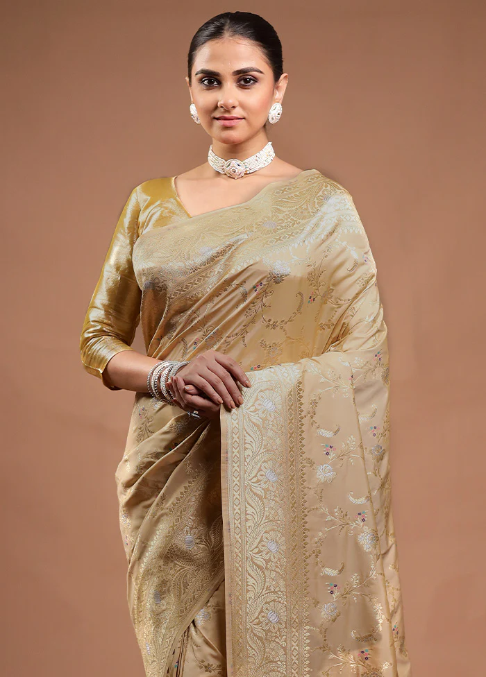 Cream Katan Silk Saree With Blouse Piece - Image 2