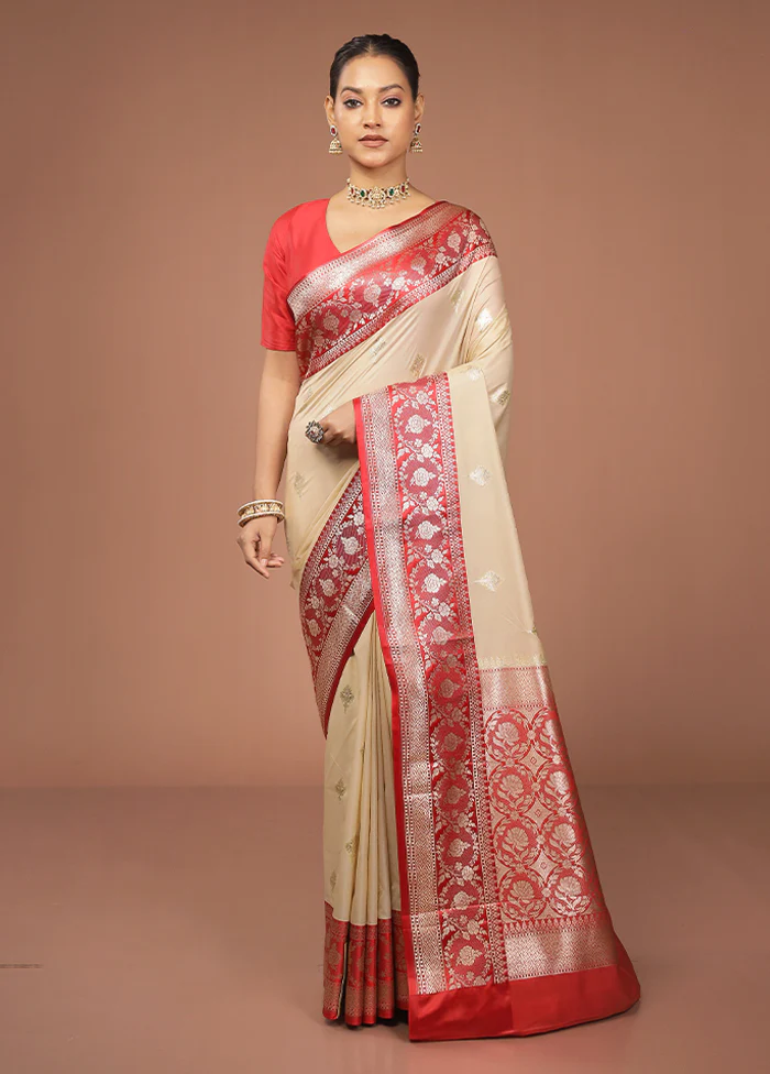 Cream Katan Silk Saree With Blouse Piece - Image 2