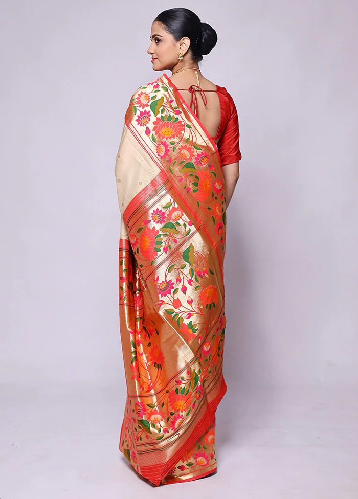 Cream Katan Silk Saree With Blouse Piece - Image 3