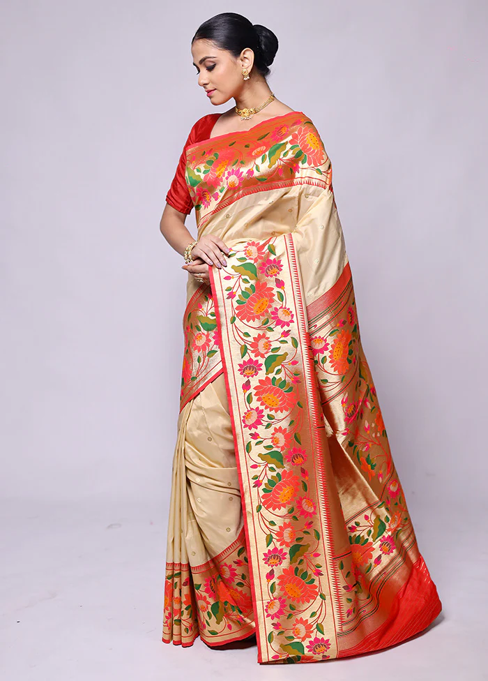 Cream Katan Silk Saree With Blouse Piece - Image 4