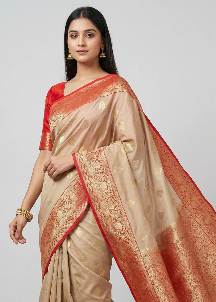 Cream Katan Silk Saree With Blouse Piece - Image 2