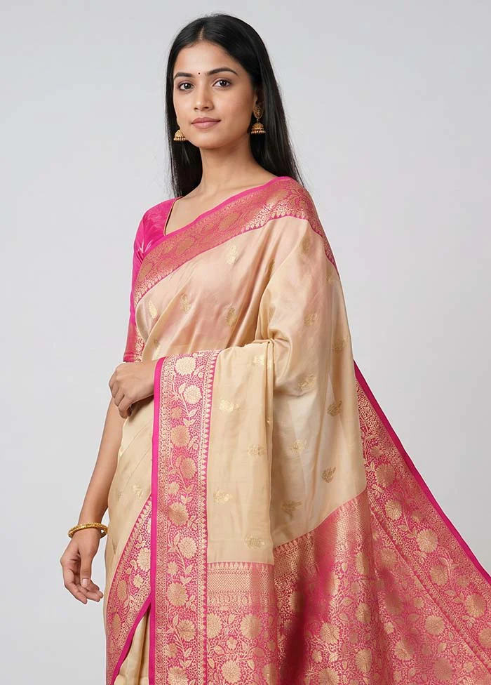 Cream Katan Silk Saree With Blouse Piece - Image 2
