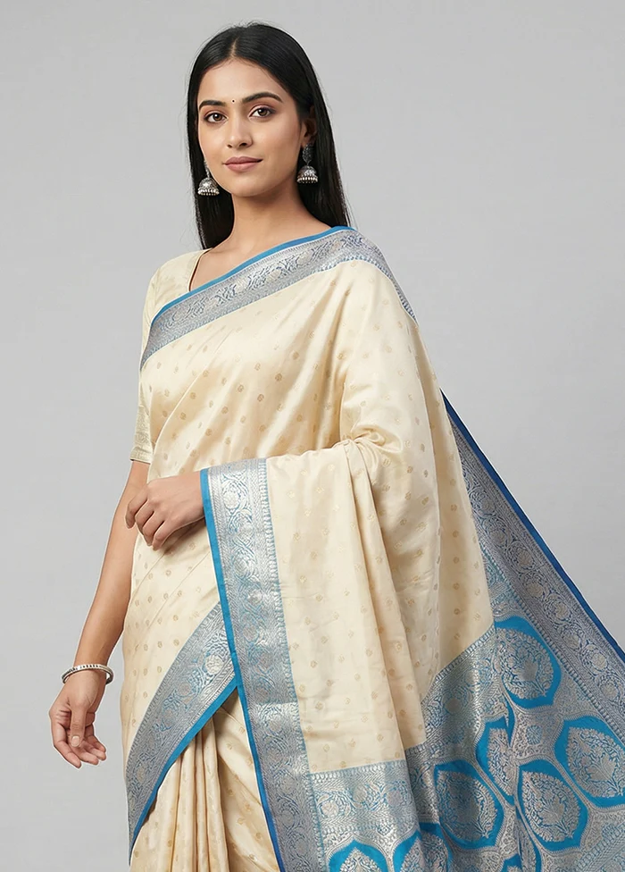 Cream Katan Silk Saree With Blouse Piece - Image 2