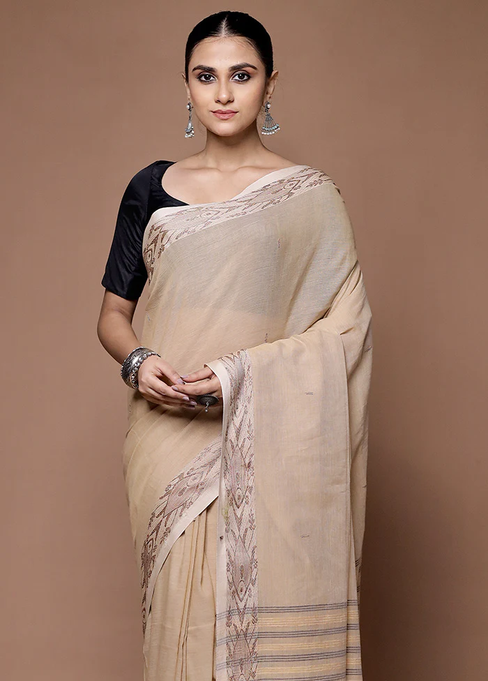 Cream Cotton Saree With Blouse Piece - Image 2