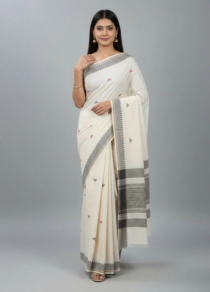 Cream Khadi Cotton Saree With Blouse Piece