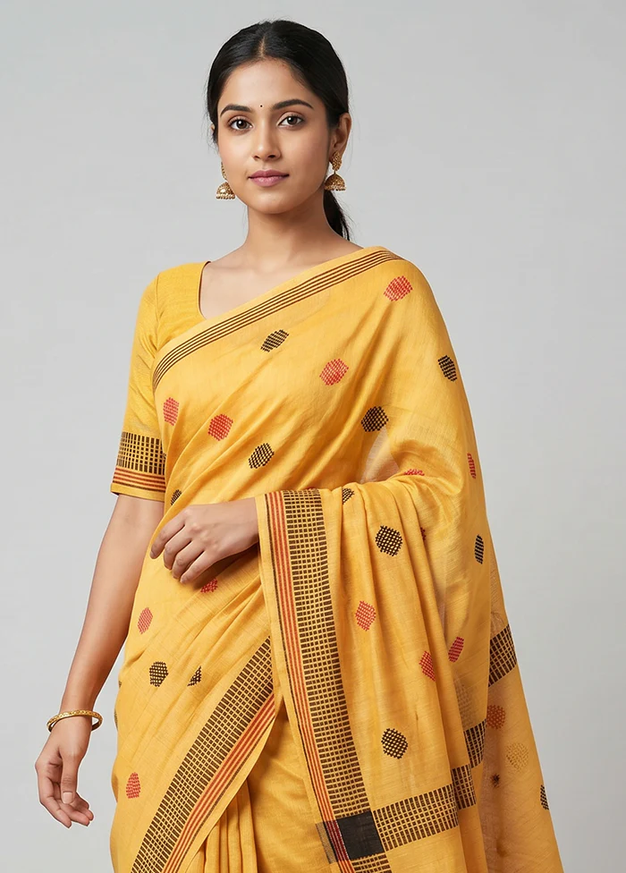 Cream Khadi Cotton Saree With Blouse Piece - Image 2