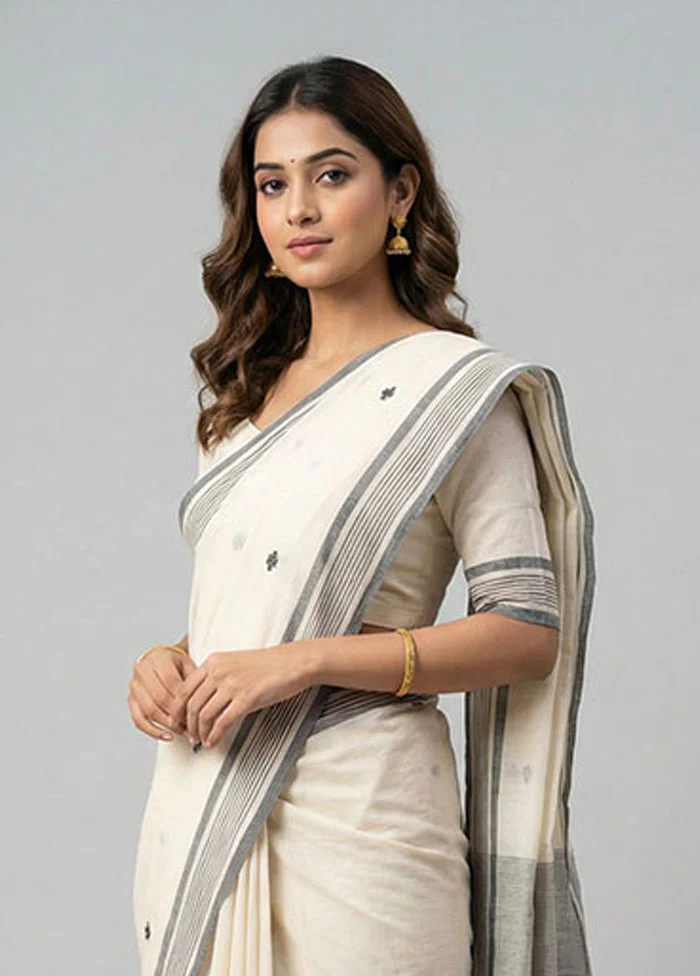 Cream Khadi Cotton Saree With Blouse Piece - Image 2