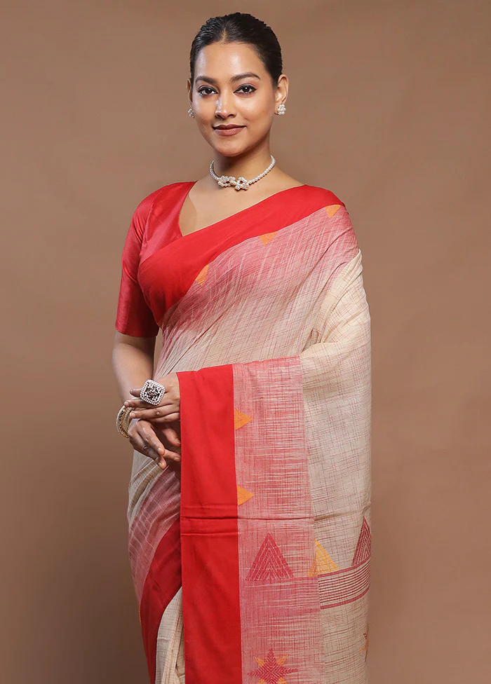 Cream Cotton Saree With Blouse Piece - Image 2