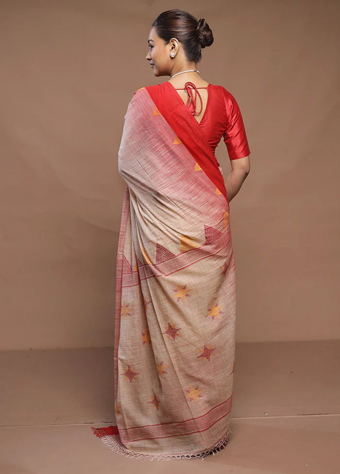 Cream Cotton Saree With Blouse Piece - Image 3