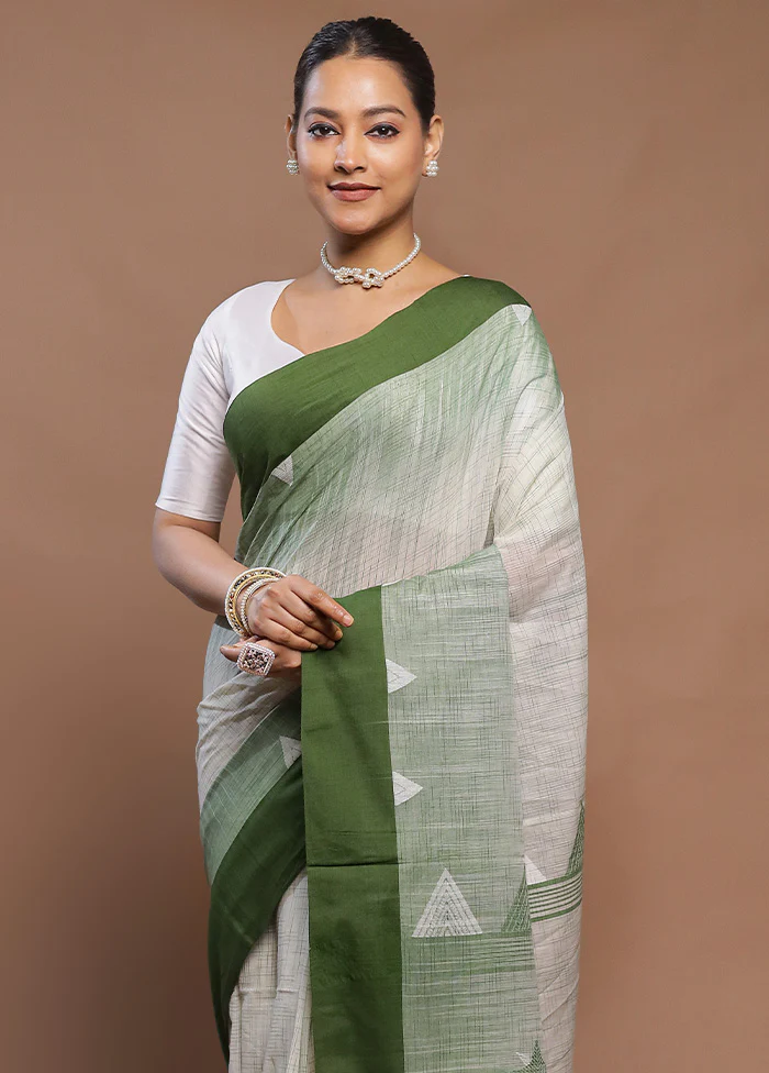 Cream Cotton Saree With Blouse Piece - Image 2
