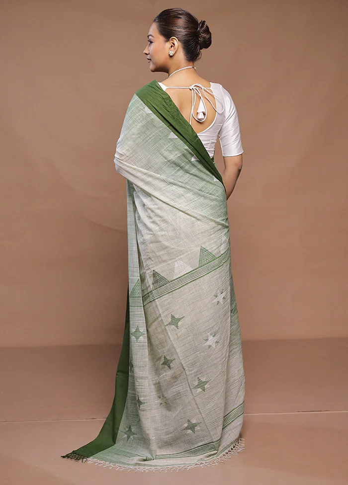 Cream Cotton Saree With Blouse Piece - Image 3