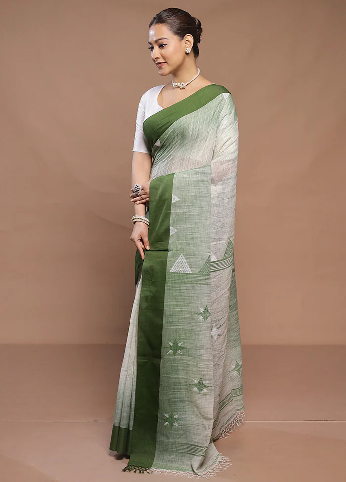 Cream Cotton Saree With Blouse Piece - Image 4