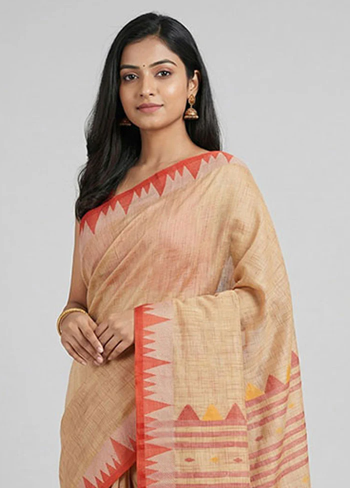 Cream Khadi Cotton Saree With Blouse Piece - Image 2